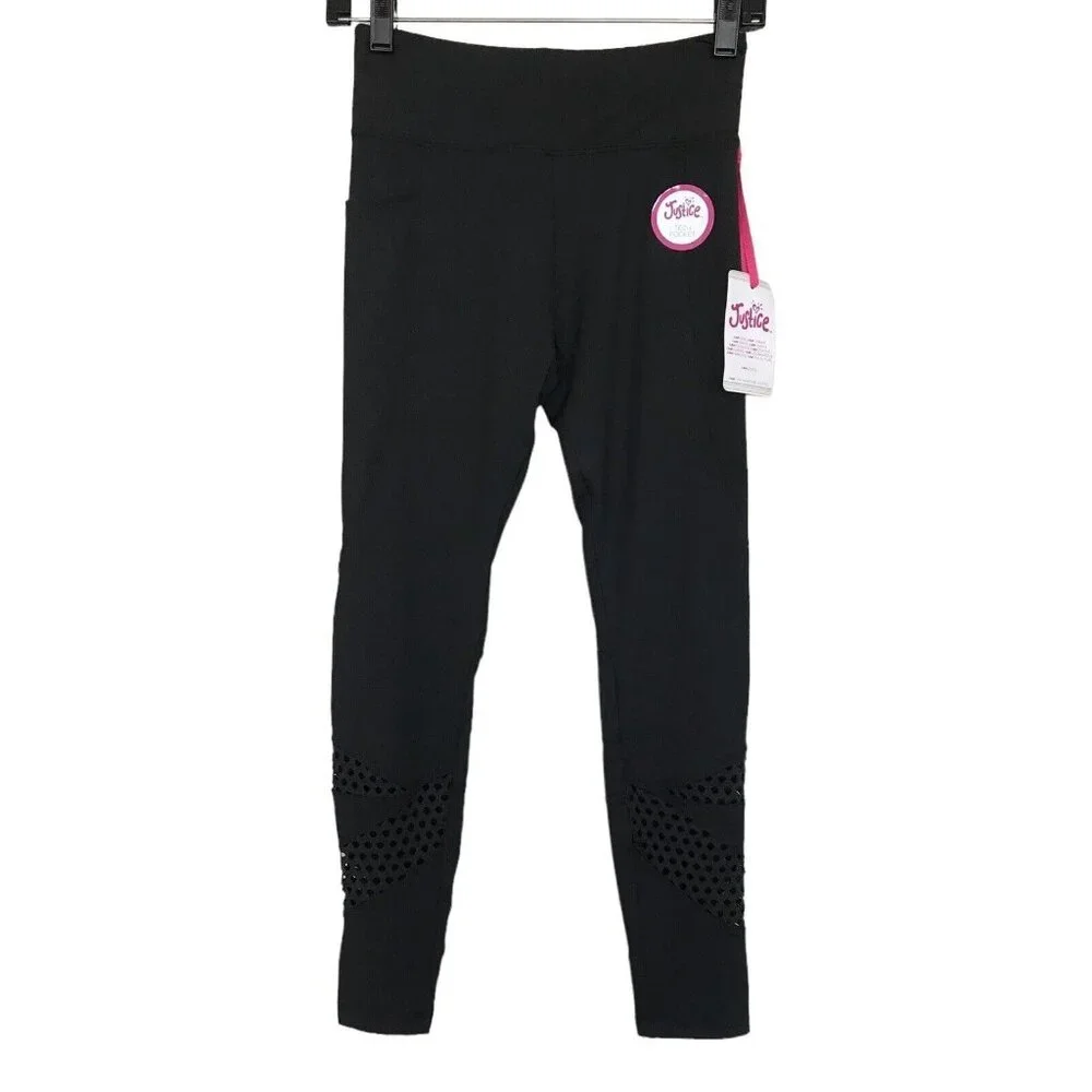 NWT Justice Active Girls‎ Black High Waist Leggings Pocket Cut Out Size 12/14